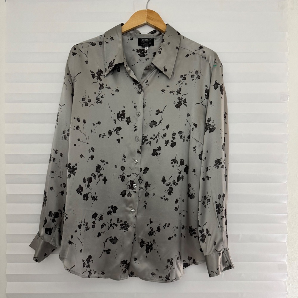 Style & Co. Collection Woman 100% Silk Blouse 18W Silver Grey Black Floral Shirt